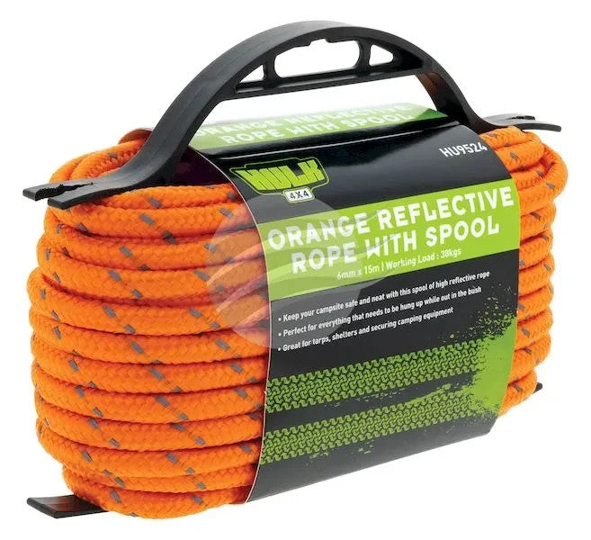 NEW HEAVY DUTY X2 PCS 6MM*15M REFLECTIVE ROPE ORANGE WITH HIGH VIS WEAVE STRAP