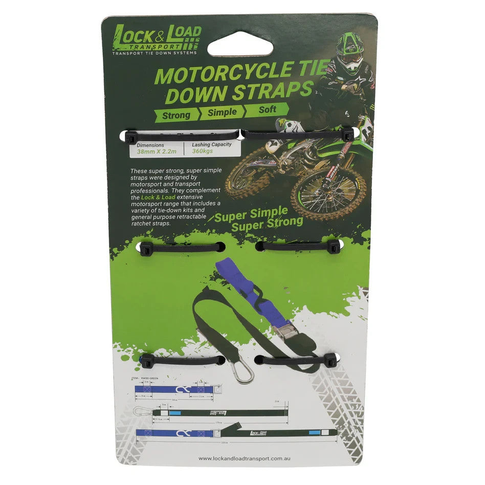 Pair of Blue Motorcycle Tie Down Strap SET 38mm x 2.2m 360kg lashing capacity