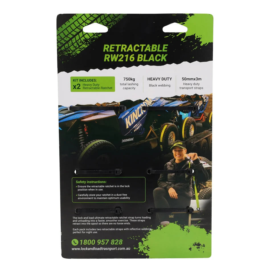 NEW Black Retractable Ratchet Strap KIT with Swan Hook 50mm Wide 3m Long