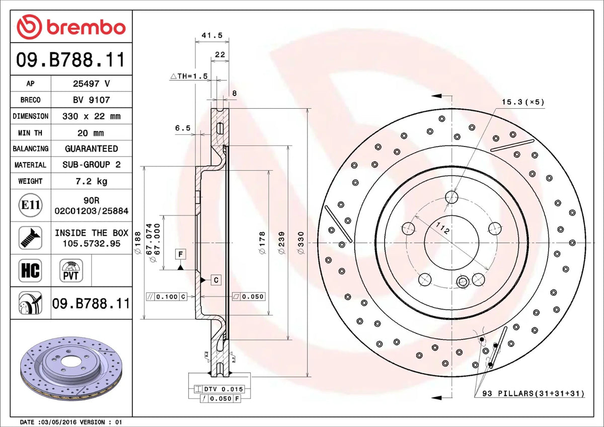 Brembo REAR Drilled Disc Brake Rotor FOR Mercedes Benz A-Class 2013-2018 *330MM