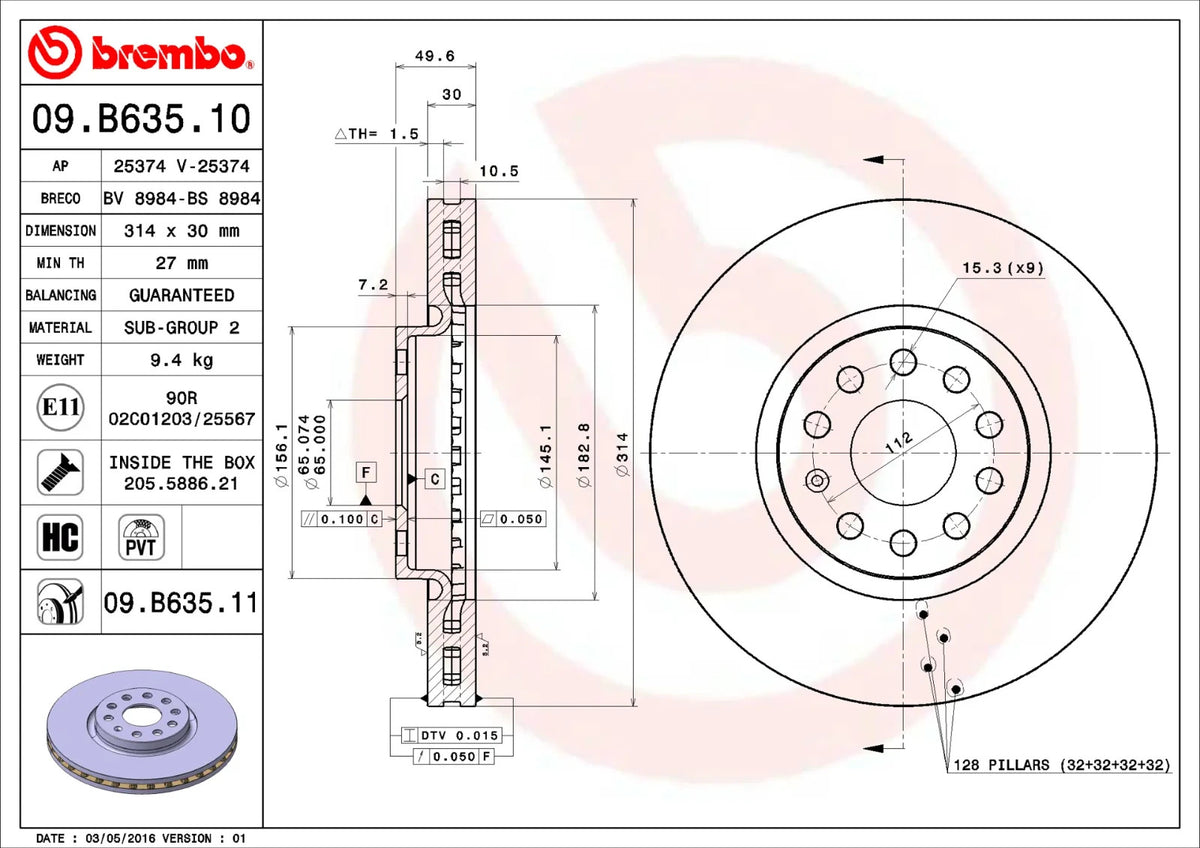 Brembo FRONT Disc Brake Rotor FOR Skoda Kodiaq 2.0 NS7,NV7 TDI 4x4 *314MM-DISC