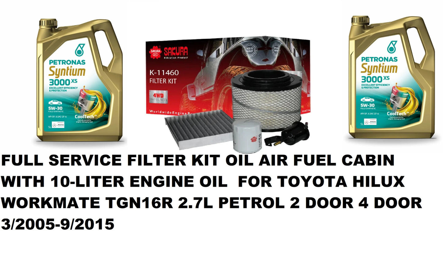FULL SERVICE KIT WITH 10L OIL FOR TOYOTA HILUX WORKMATE TGN16R 2.7L PETROL 05-15