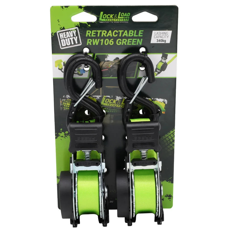 NEW Green Retractable Ratchet Strap SET with Safety Clips 25mm Wide 3.6m Long