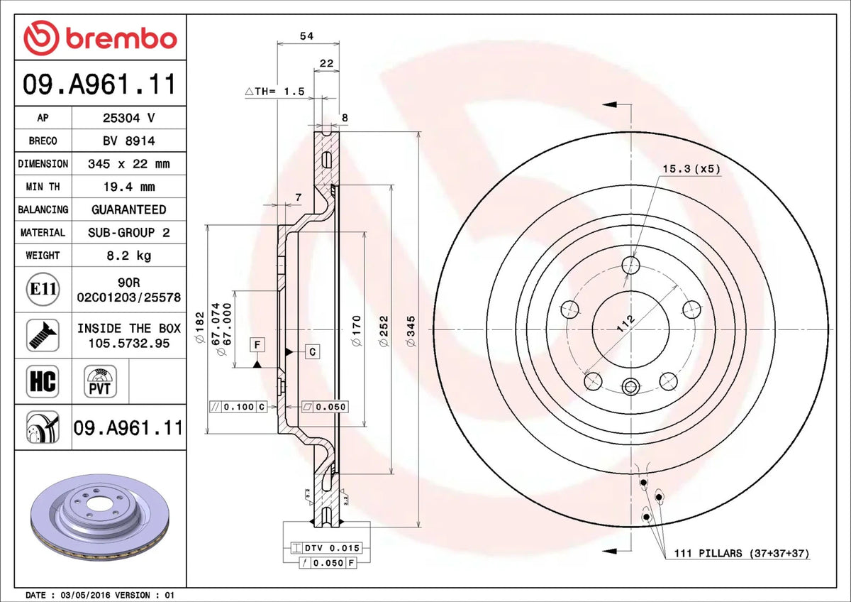 Brembo REAR Disc Brake Rotor FOR Mercedes Benz GL-Class 2012-2015 *345MM-DISC
