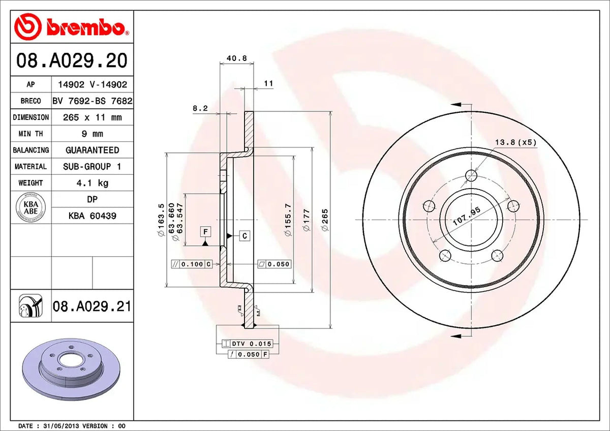 Brembo REAR Disc Brake Rotor FOR Ford Focus 2.0L LV TDCi 2009-2011 *265MM-DISC