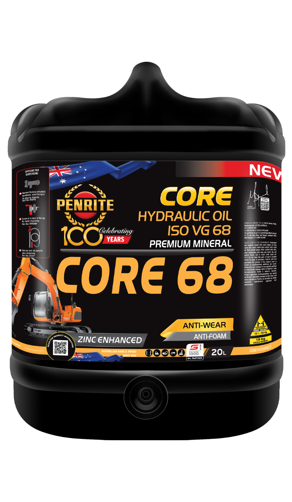 20-Litre *PENRITE* COREHYD68020 CORE HYDRAULIC 68 (Mineral) OIL