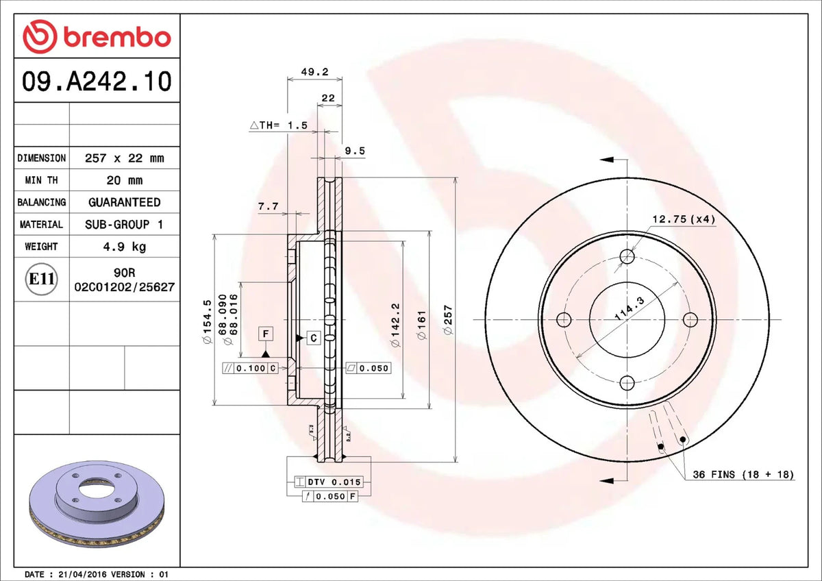 Brembo FRONT Disc Brake Rotor FOR FORD CORSAIR 1989-1992 *257MM-DISC