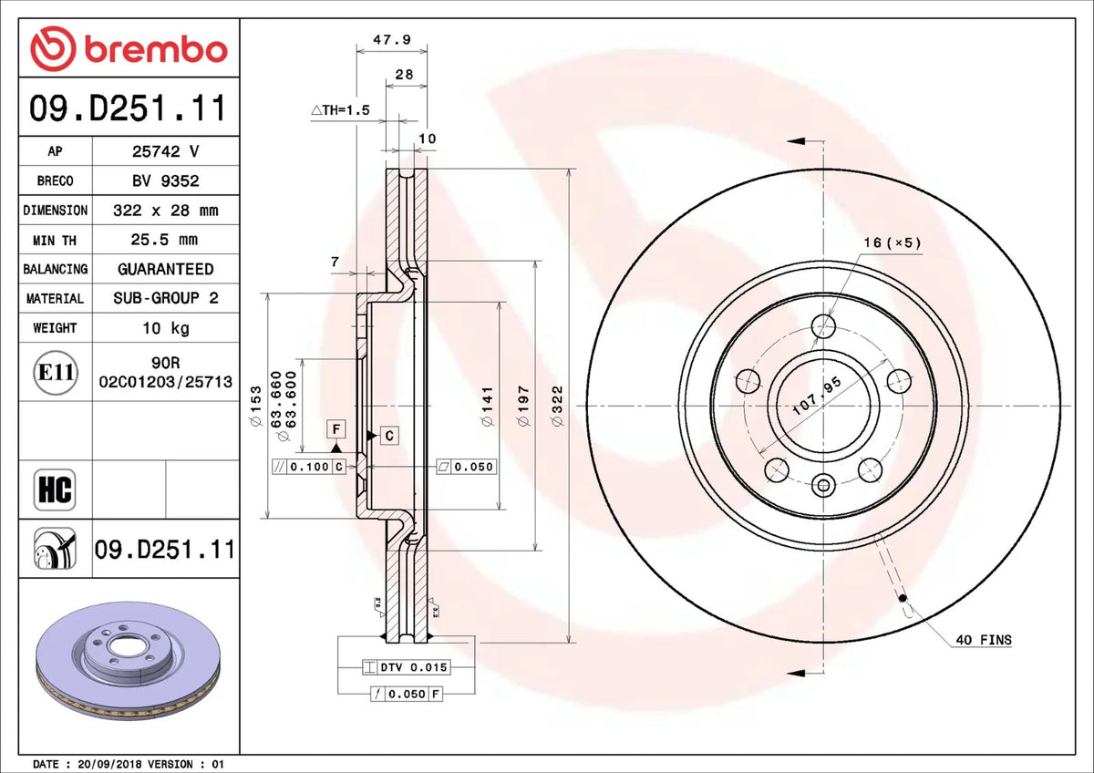 Brembo FRONT Disc Brake Rotor FOR Volvo S90 2.0 234 D4 2016-2018*322MM-DISC