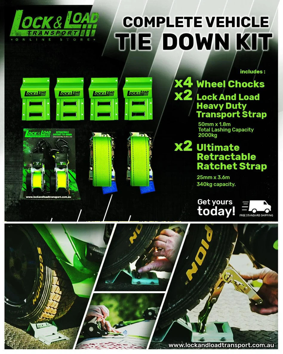 NEW Wheel Chock Kit with 1.8m Strap KIT & 25mm Retractable Ratchet SET 2000kg.