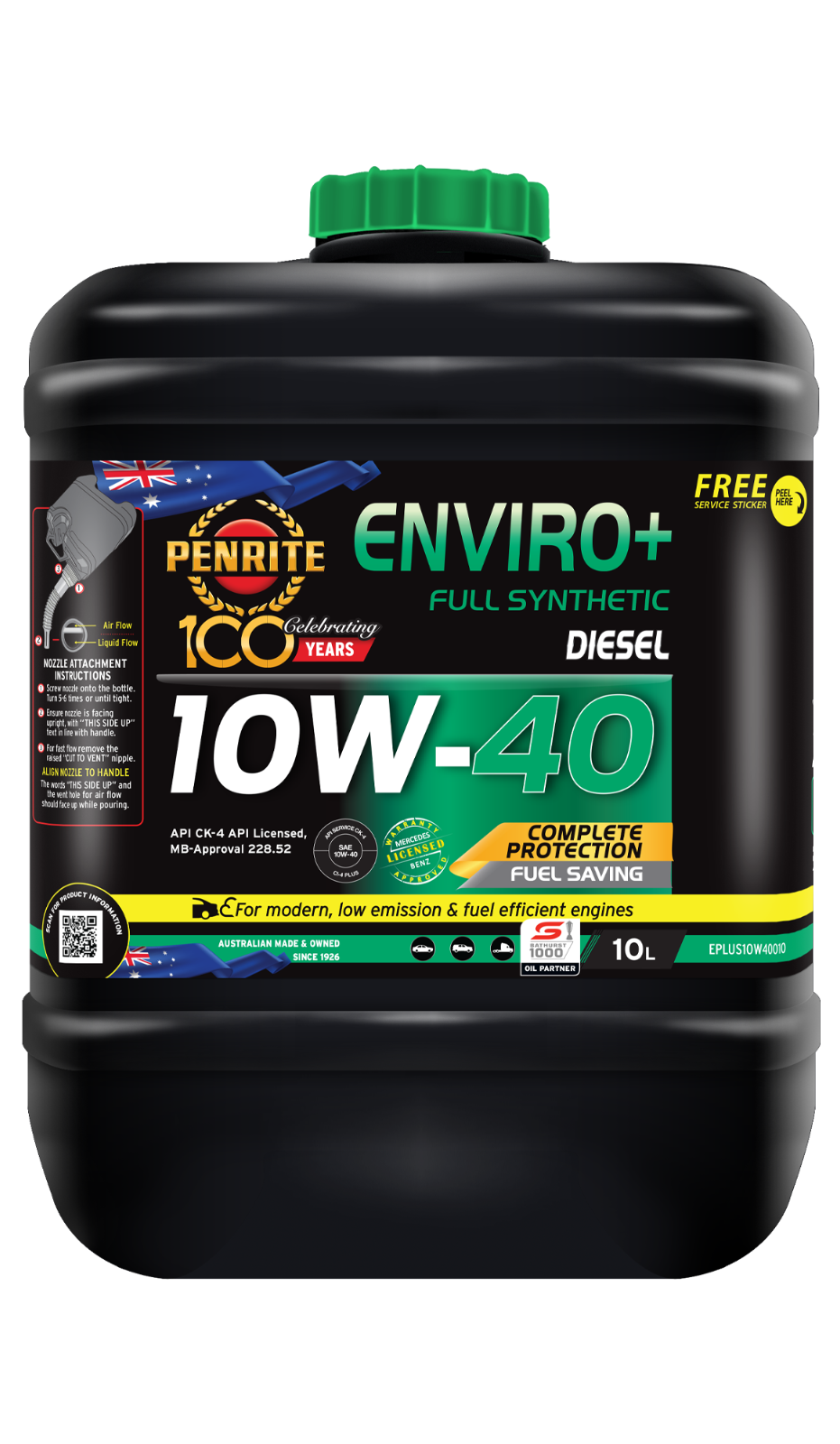 10-Litre ENGINE OIL *PENRITE* EPLUS10W40010 ENVIRO+ 10W-40 (Full Synthetic)