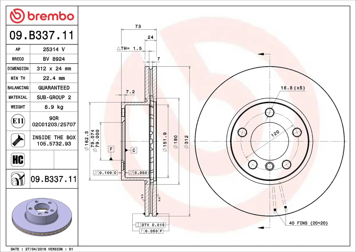Brembo FRONT Disc Brake Rotor FOR BMW 1 Series 2.0L F20 125 i 2015-2016 *312MM