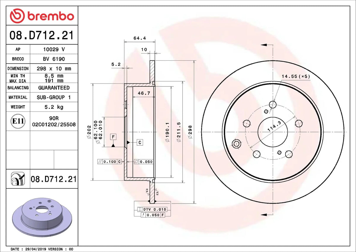 Brembo REAR Disc Brake Rotor FOR Toyota Tarago 3.5L GSR50 2007-2019 *298MM-DISC