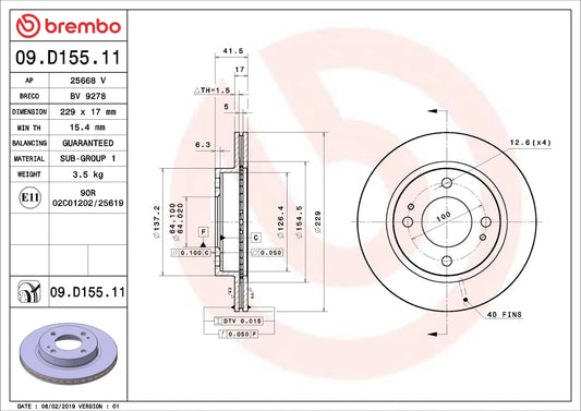 Brembo FRONT Disc Brake Rotor FOR MITSUBISHI MIRAGE 2012-2021 *229MM-DISC