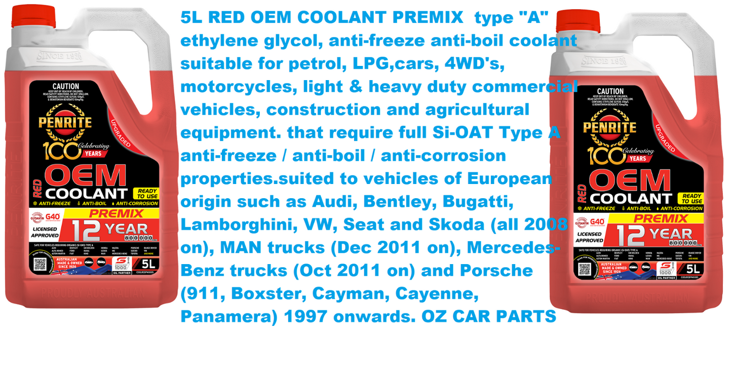 5L  RED OEM COOLANT PREMIX  RED Anti-Freeze PENRITE COOLREDPMX005