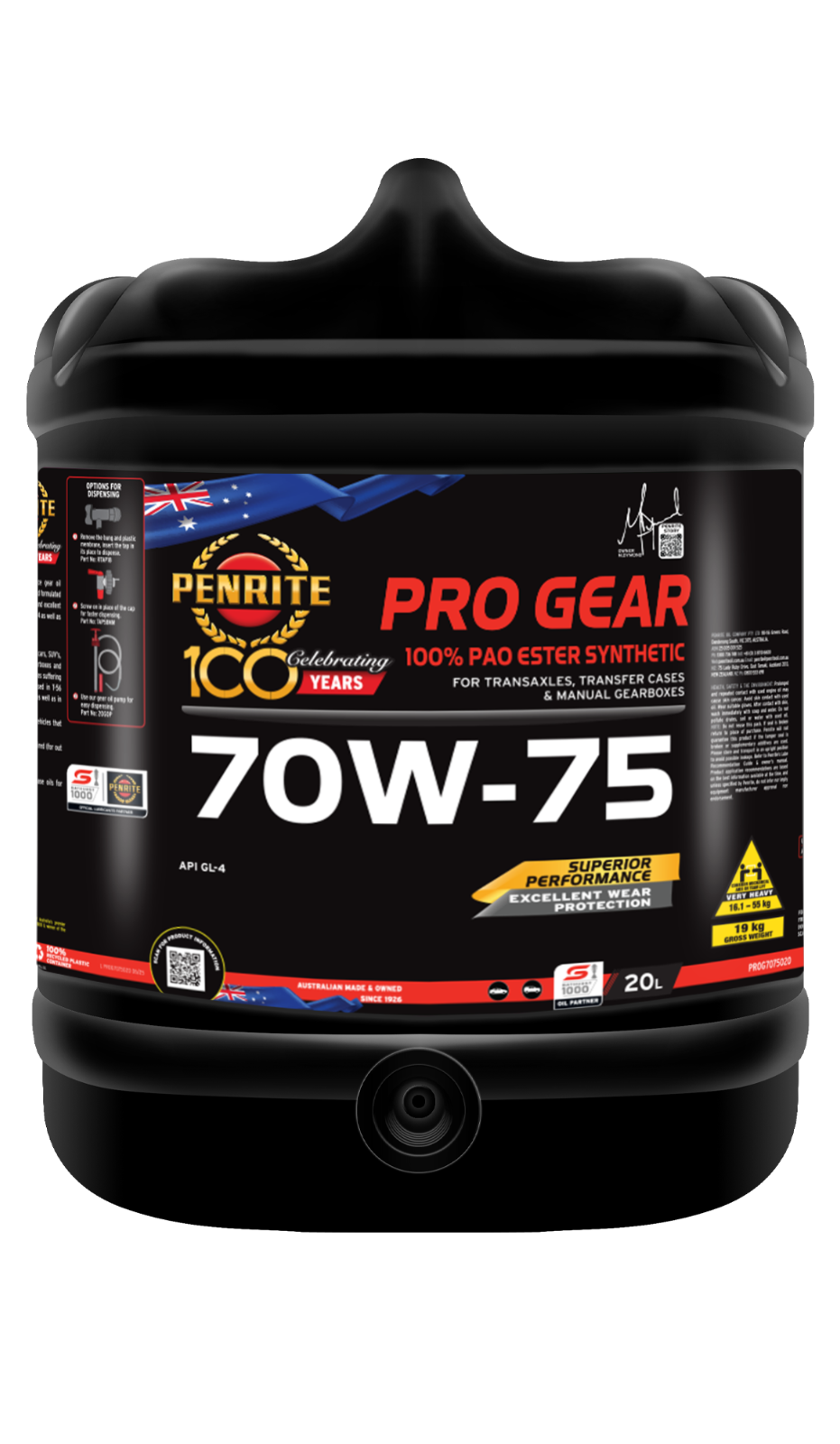 20-Litre *PENRITE* PROG7075020 PRO GEAR 70W-75 (100% PAO ESTER) SAE 70W-75