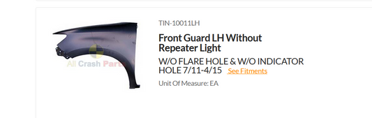 NEW PASSENGER LEFT FRONT GUARD FENDER FOR TOYOTA HILUX 7/2011-4/2015 NO HOLE