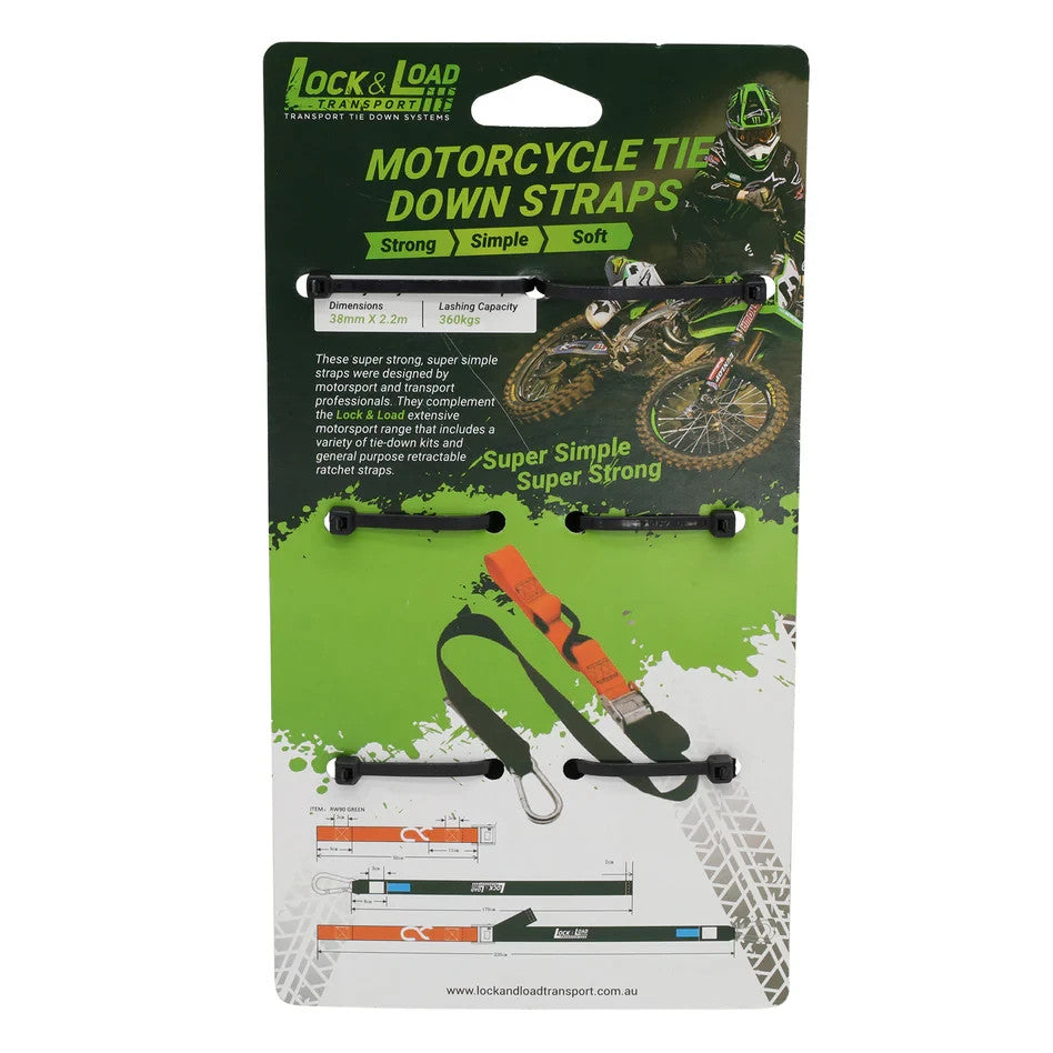 X2 NEW Orange Motorcycle Tie Down Strap KIT 38mm x 2.2m 360kg lashing cap