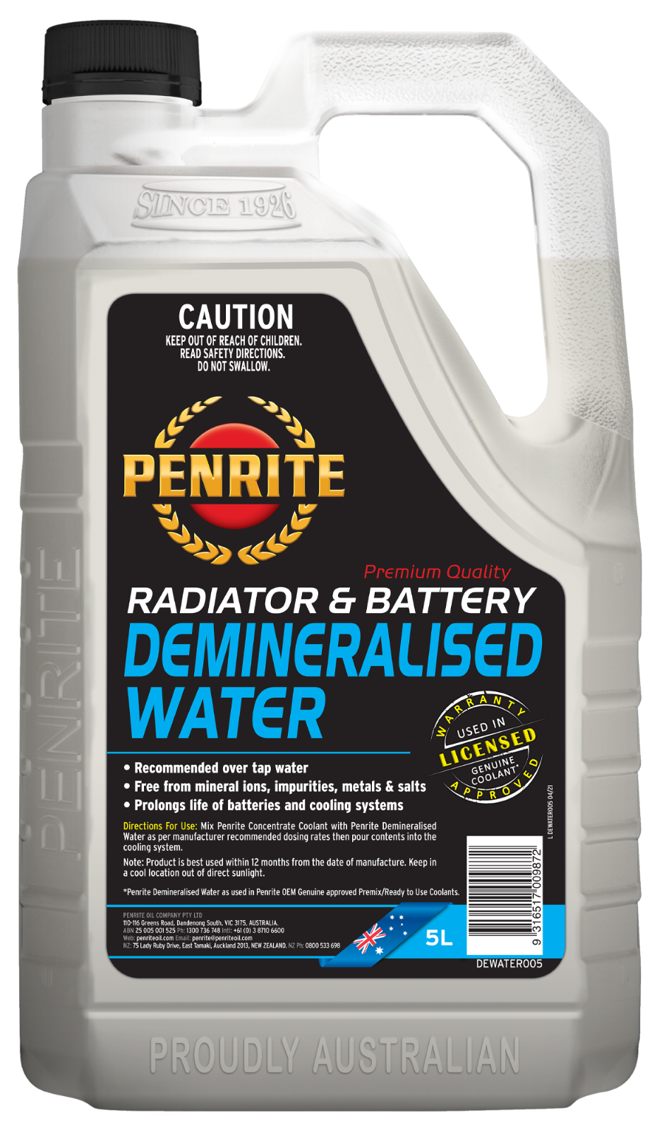 5-L DEMINERALISED WATER Maximises life of engine coolant & lead acid batteries