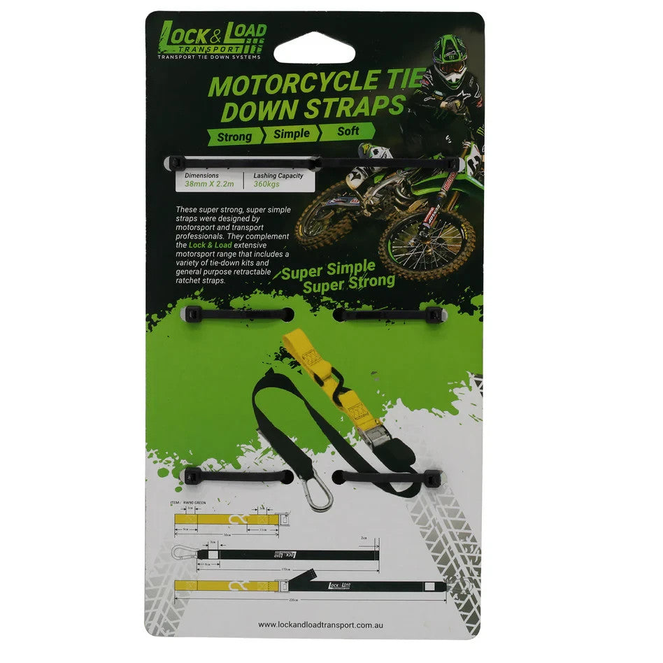 NEW Pair Yellow Motorcycle Tie Down Strap SET 38mm x 2.2m 360kg lashing capacity