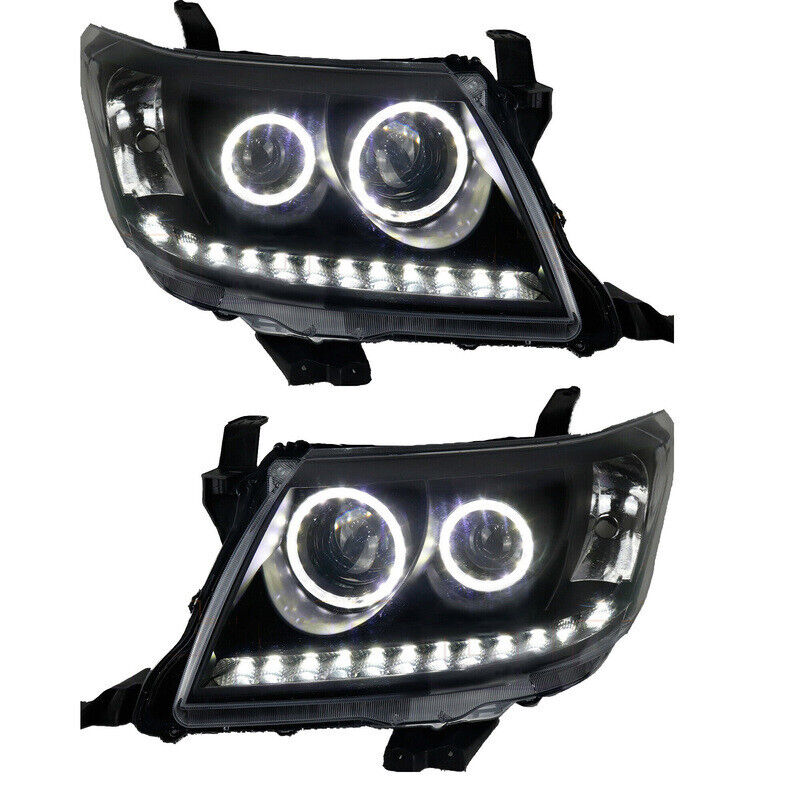 Smoke Angel Eye LED Headlights Fit For Toyota Hilux 2005-2011 Pair