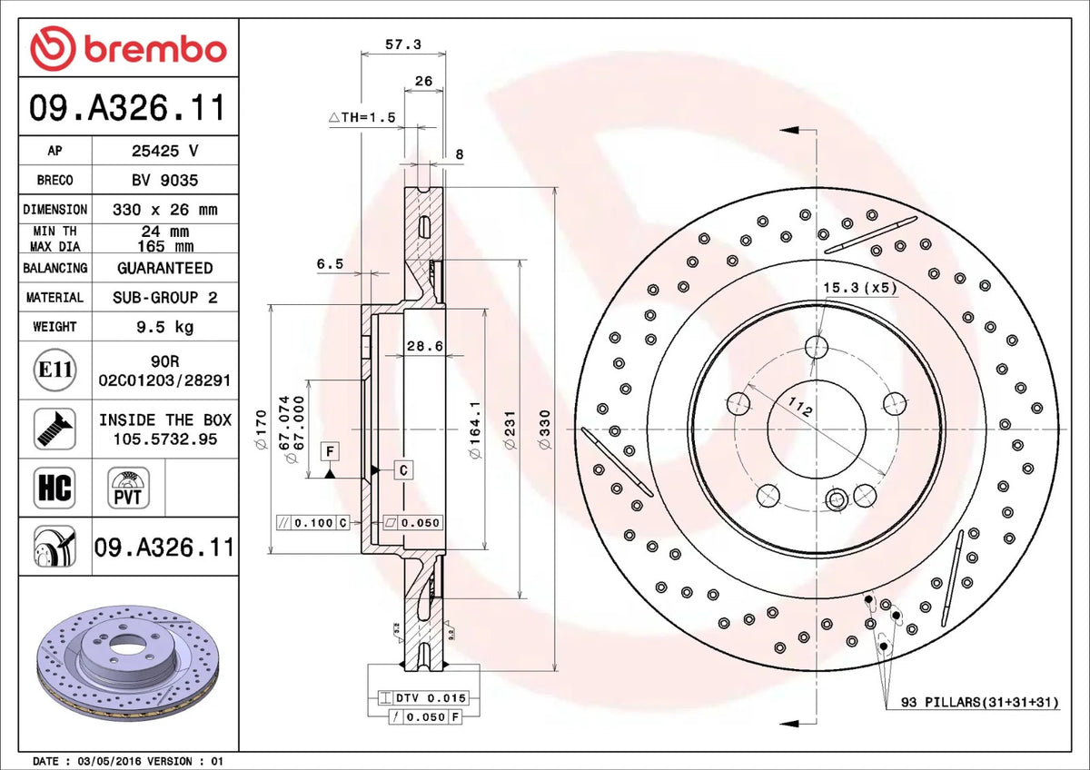 Brembo REAR Drilled Disc Brake Rotor FOR Mercedes Benz C-Class 6.2L C204 *330MM