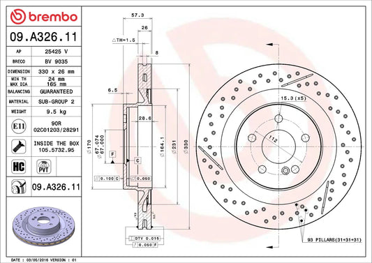Brembo REAR Drilled Disc Brake Rotor FOR Mercedes Benz C-Class 6.2L C204 *330MM