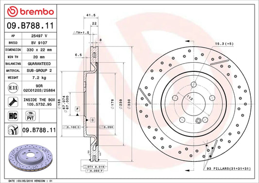 Brembo REAR Drilled Disc Brake Rotor FOR Mercedes Benz A-Class 2013-2018 *330MM