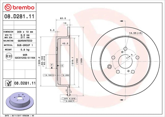 Brembo REAR Disc Brake Rotor FOR LEXUS RX350 2008-2015 *309MM-DISC