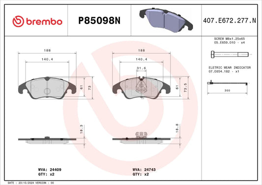 Brembo FRONT Brake Pad Set For Audi A4 1.8 B8,8K2 TFSI 2007-2012