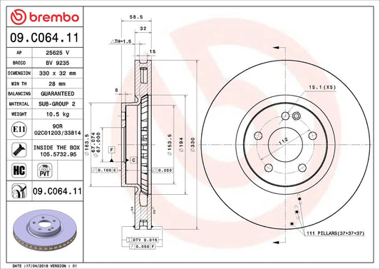 Brembo FRONT Disc Brake Rotor FOR Mercedes Benz Valente 2.2L W447  *330MM-DISC