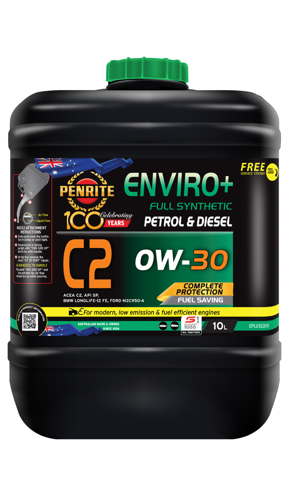 10-Litre- *PENRITE* ENGINE OIL EPLUSC2010  ENVIRO+ C2 0W-30 (FULL SYN.)