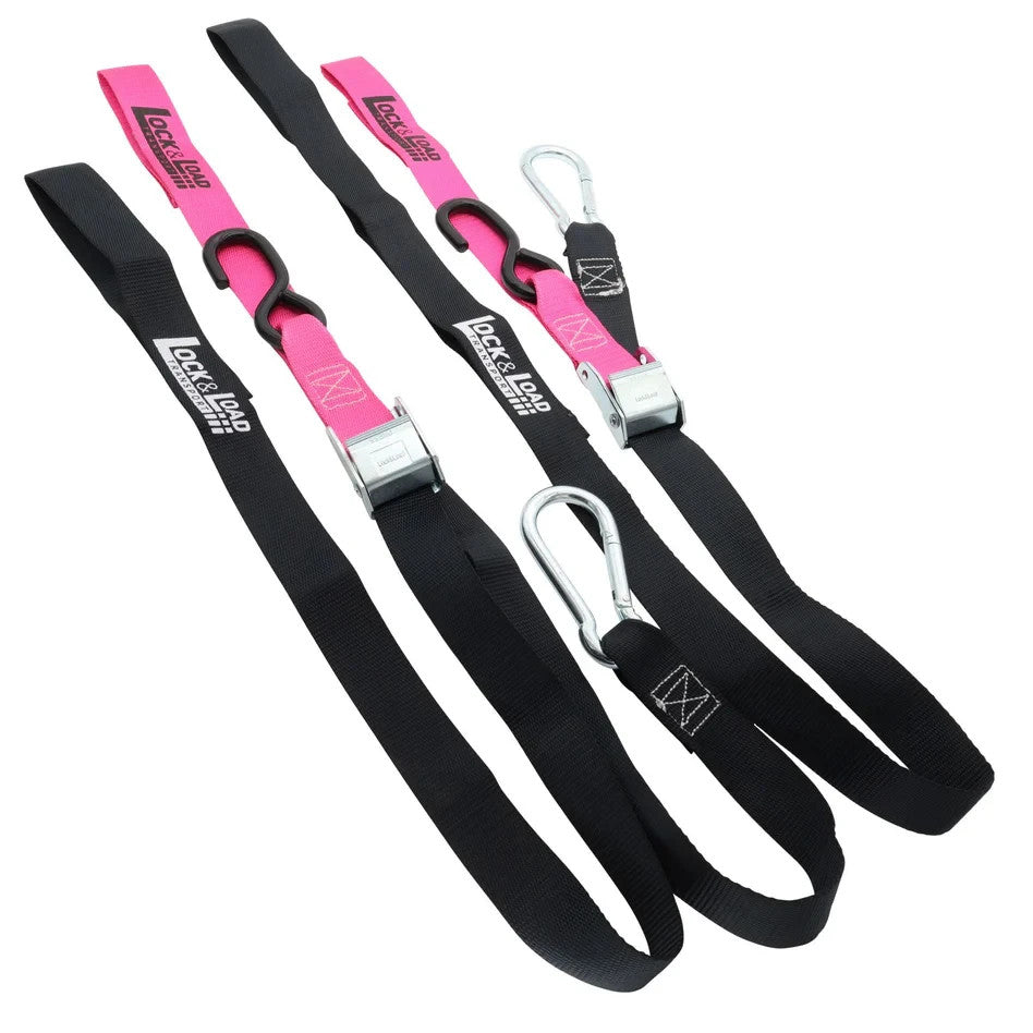 X2 NEW Pink & Black Motorcycle Tie Down Strap KIT 38mm x 2.2m 360kg lashing cap