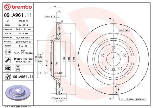 Brembo REAR Disc Brake Rotor FOR Mercedes Benz GL-Class 2012-2015  *345MM-DISC