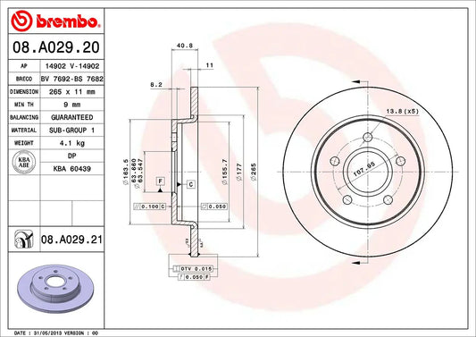 Brembo REAR Disc Brake Rotor FOR Ford Focus 2.0L LV TDCi 2009-2011 *265MM-DISC