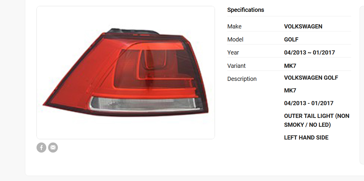 NEW LEFT SIDE TAIL LIGHT FOR VOLKSWAGEN GOLF MK7 04/13-01/17 NON SMOKY-NO N-LED