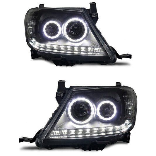 Smoke LED Headlights DRL HALO Projector Angel Eyes For Toyota Hilux 2005-2011