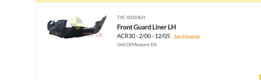NEW LEFT FRONT INNER GUARD LINER FOR TOYOTA TARAGO ACR30R 2/2000 - 12/2005