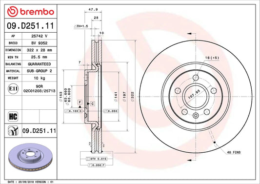 Brembo FRONT Disc Brake Rotor FOR Volvo S90 2.0 234 D4 2016-2018*322MM-DISC