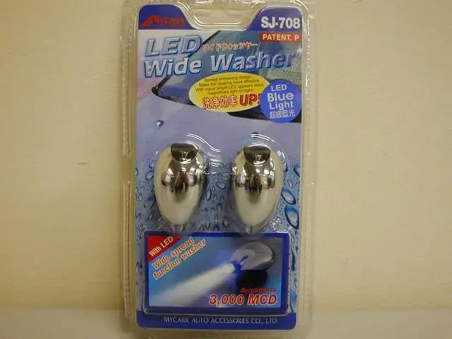 NEW UNIVERSAL BONNET CHROME WASHER JET Windscreen Water Jets WITH BLUE LIGHT