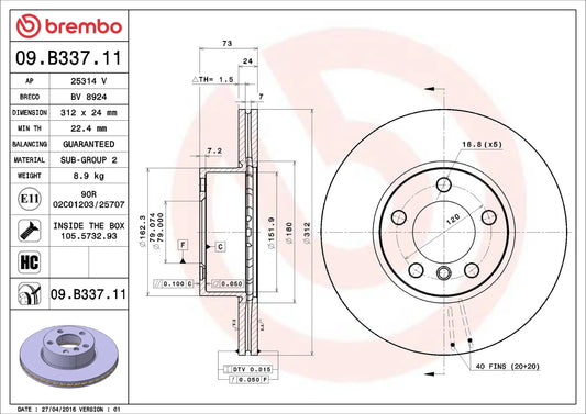 Brembo FRONT Disc Brake Rotor FOR BMW 1 Series 2.0L F20 125 i 2015-2016 *312MM