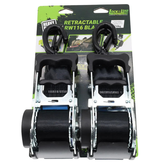 NEW Black Retractable Ratchet Strap SET with Safety Clip 50mm Wide 3m Long