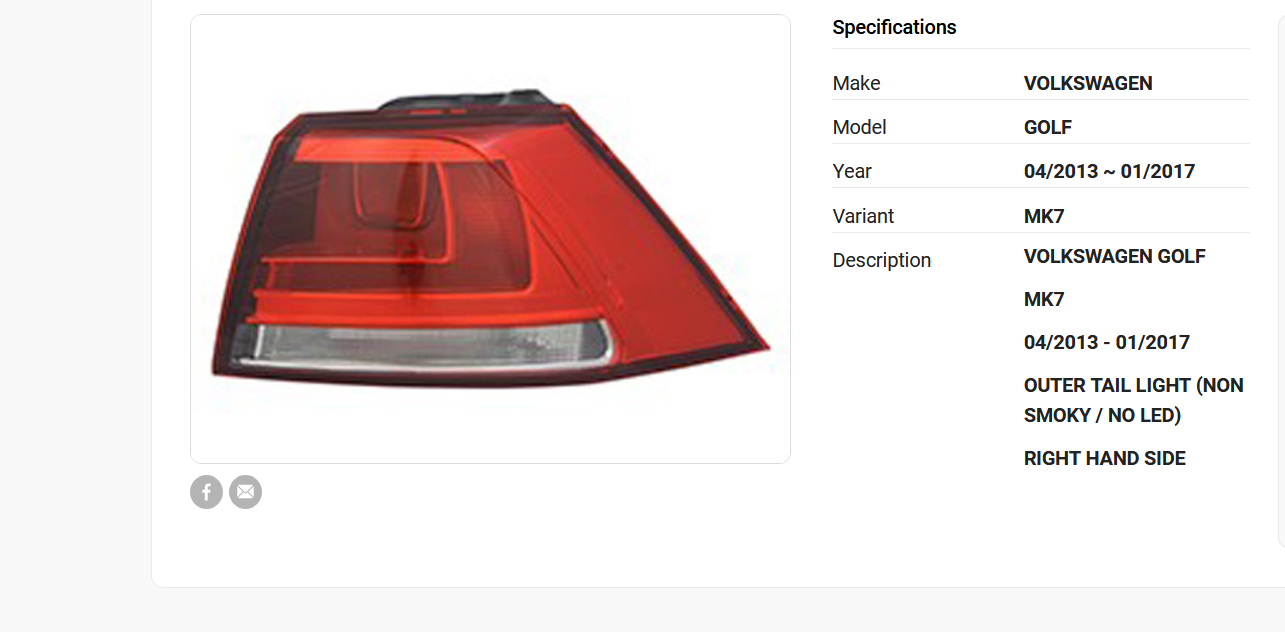 NEW RIGHT SIDE TAIL LIGHT FOR VOLKSWAGEN GOLF MK7 04/13-01/17 NON SMOKY-NO N-LED