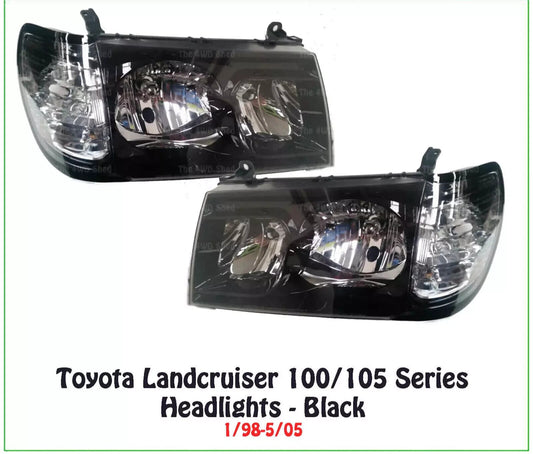 NEW Headlights BLACK PAIR fit Toyota Landcruiser 100/105 Series FZJ HZJ HDJ UZJ