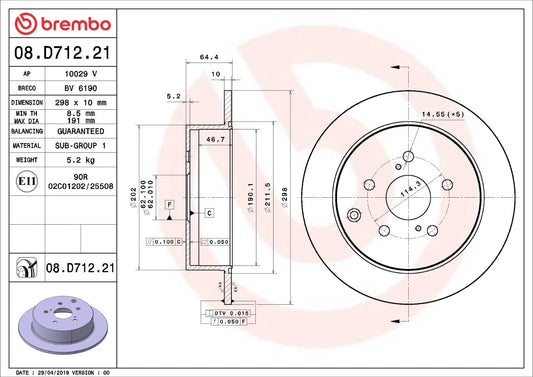 Brembo REAR Disc Brake Rotor FOR Toyota Tarago 3.5L GSR50 2007-2019 *298MM-DISC